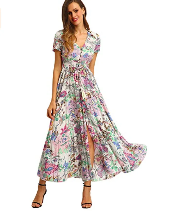 

Elegant Print Sexy Bohemian Beach Dresses A-Line Loose Maxi Runway Dress Floral Printed Midi Cotton Spring Vestido