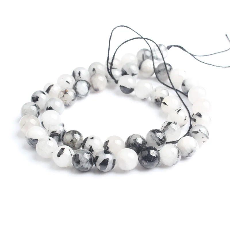 LanLi модные натуральные ювелирные изделия черные и белые волосы кристаллы Камни свободные бусины 6 8 10 12 мм DIY браслет ожерелье аксессуары