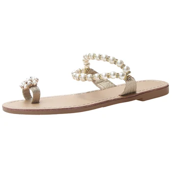 

Women New Flat Sandals 2019 Summer Gladiator Ankle Strap String Bead Novel Flip Flops Ladies Casual Shoes XWZ5814