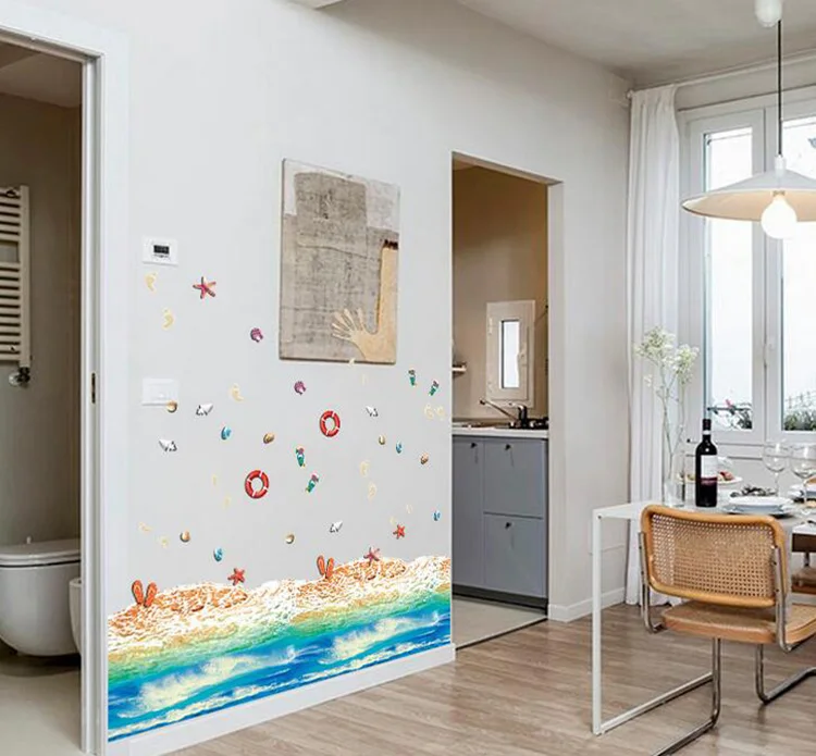 Creative 3D Wall Sticker Starfish Footprint shell Beach and blue