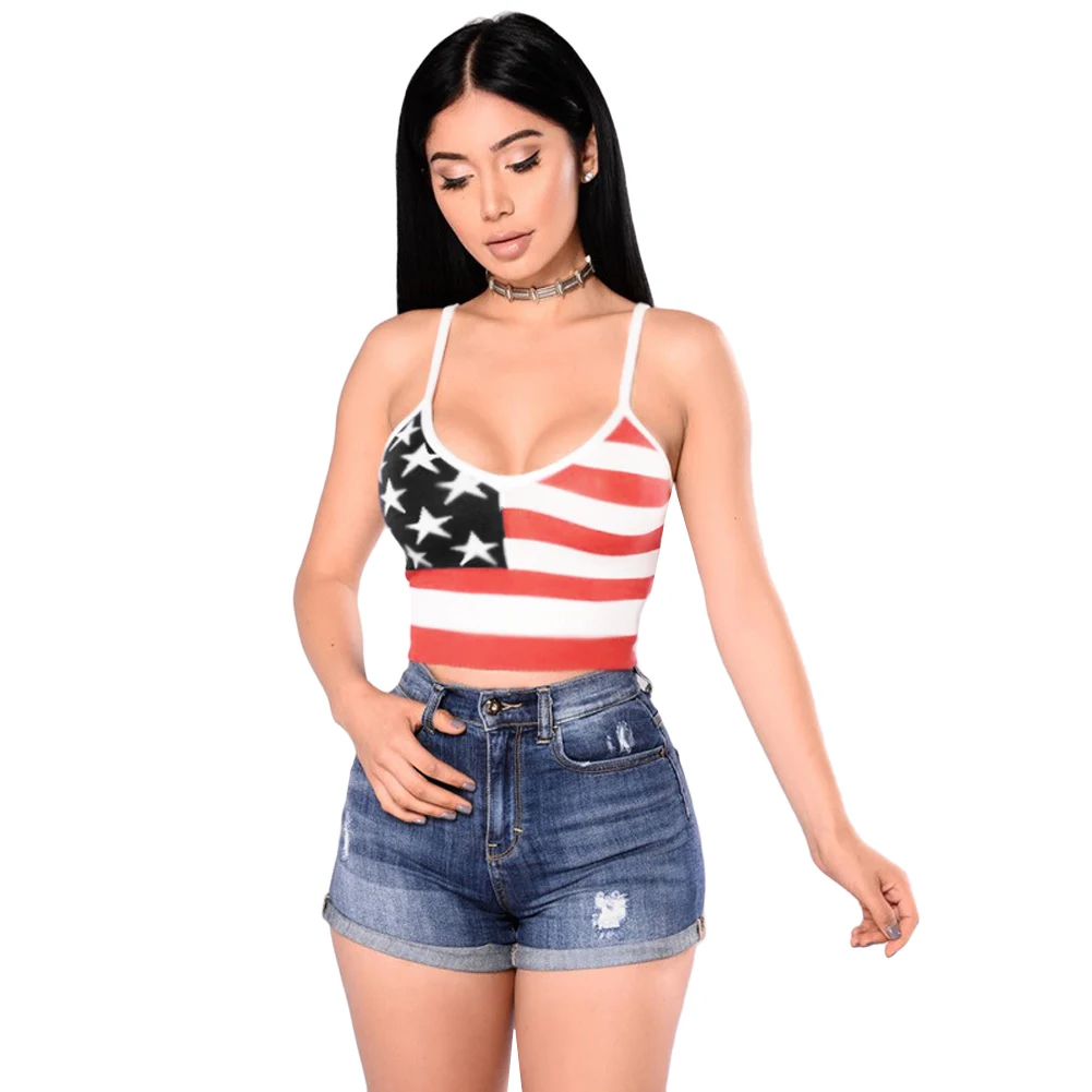 

Sexy Women Summer Camis Tank Top American Flag Star Stripe Print Sleeveless Bustier Top Ladies XXL Bralette Crop Top