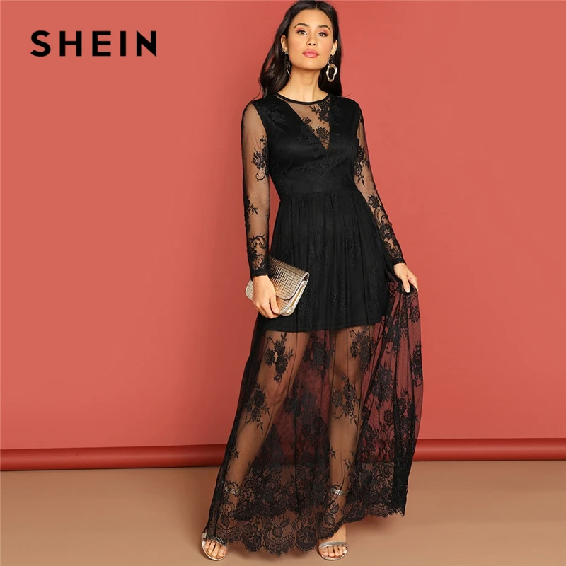 SHEIN Кружевное Платье С Глубоким V-Образным Вырезом Женское Черное Осеннее Элегантное Платье С Длинными Рукавами