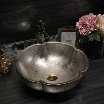 

Silver Washbasin Modern Bathroom basin bowl European-style Basin Silver Carving flower shape ceramic wash basin bathroom sink