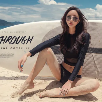 

Women's 2-piece Set Rash Guards Swimsuit Black See-through Sexy Swimwear Long Sleeve Sun Protection Beach Surfing Suit Girls