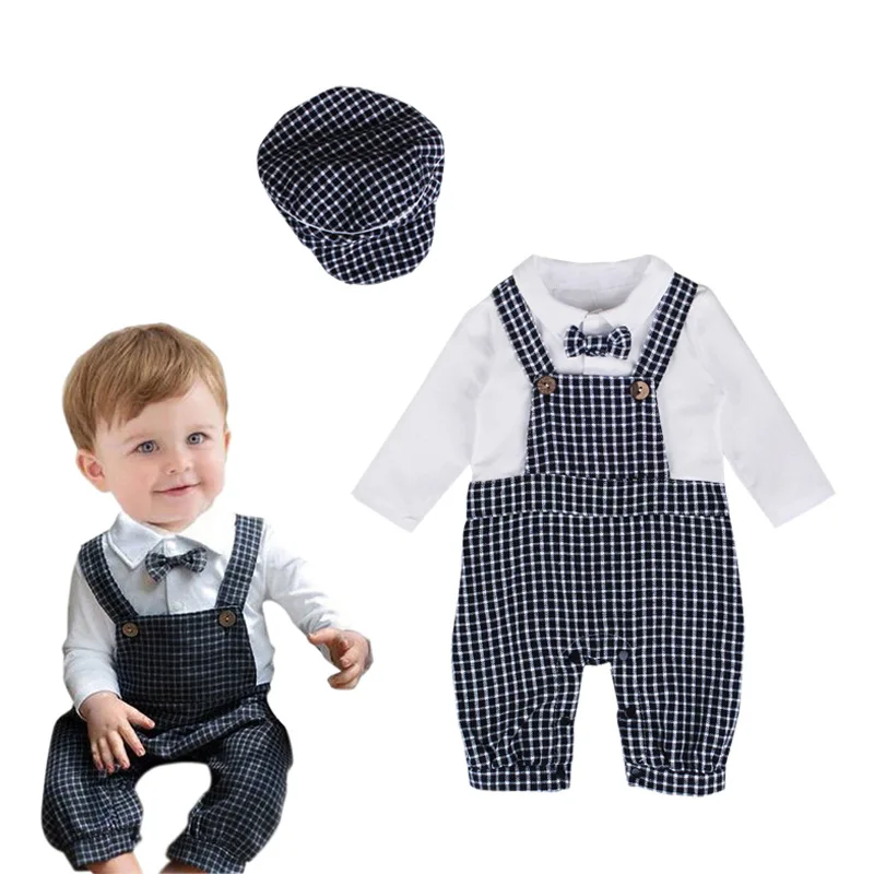 

VTOM Newly Toddler Baby Boy Formal Rompers Party Wedding Gentleman Plaid Rompers Jumpsuit +Hats Outfit Clothes