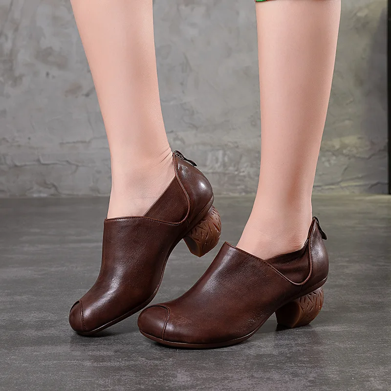 

Women Genuine Leather Pumps Coffee 5 CM High Heels Soft Leather Women Autumn Shoes Retro Handmade Women Red Pumps 2018