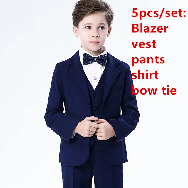 Детский костюм для свадьбы, комплекты для мальчиков с цветочным рисунком, Детские торжественные смокинги, наряды блейзер для мальчиков, жилет, рубашки, брюки комплект одежды с галстуком-бабочкой - Цвет: blue blazer 5pcs