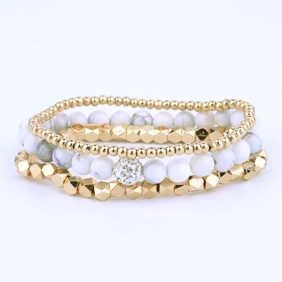 White Howlite Bead Bracelet Set , Gold Strand Beaded Woman Bracelet