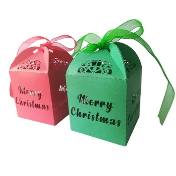 

50pcs Christmas Decor Merry Christmas Gift Box, Green Red Christmas Candy Box With Ribbon,Christmas Party Supply Guest Favors