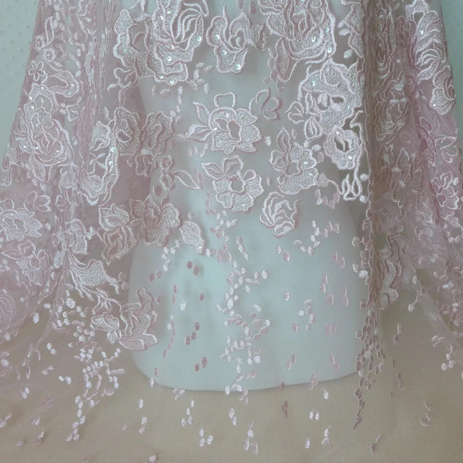 Один ярд 135 см красивые розовые блестки кружева Чистая вышивка тюль ткани для декоративных подушек DIY Цветочные Швейные одежды
