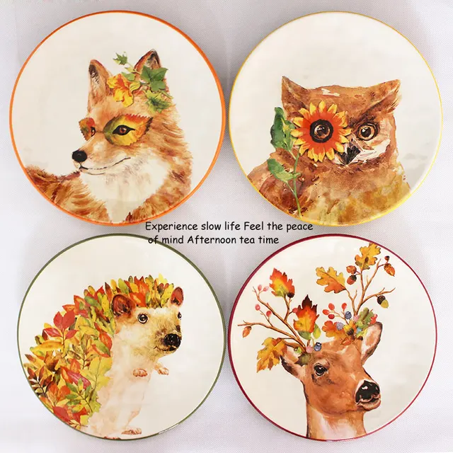 Animal Hibou Renard Cerf Hérisson Plats et Plaques Gâteau Pâtisserie Soucoupe Porcelaine Plateau Steak Noodle Dîner