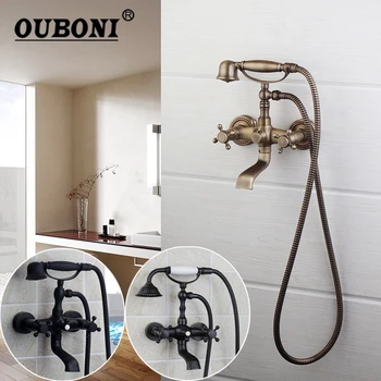 

OUBONI ORB Antique Brass Wall Mounted 2 Functions Double Handles Bathroom Bathtub Shower Faucet Set Rainfall Hand Shower
