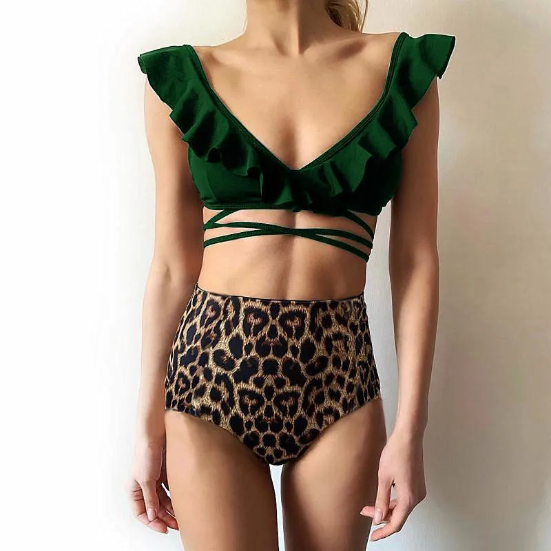 

leopard print high waist bikini set string bandage ruffle swimwear waisted bathing suits women swimsuit red bikinis 2019 mujer