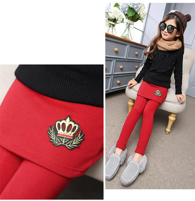 3-12 y children girls leggins winter leggings girls pants fleece warm leggings girl pantskirt solid color crown appliques (5)