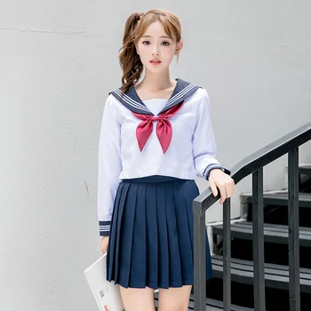 

New sailor school uniform long sleeves navy sailor uniform korean japanese girls class service sailor top+skirt for sexy girls
