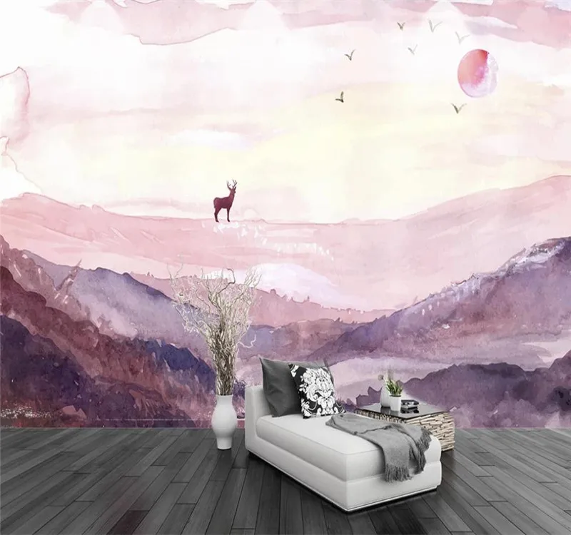 Custom wallpaper hand-painted mountain peak elk chasing the sunset sunset TV background wall decoration waterproof material Custom wallpaper hand-painted mountain peak elk chasing the sunset sunset TV background wall decoration waterproof material