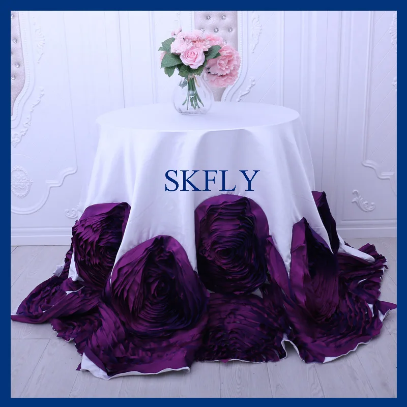 

CL052K nice wedding fancy thick satin and taffeta round white and purple cake table cloth with rosette