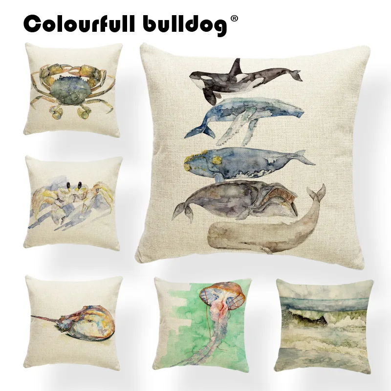 

Animal Whale Ocean Wave Cushion Cover Pillow Case Palm Tree Pillow Case Rustic Crab Decoration Dakimakura 43cm Polyester Painted