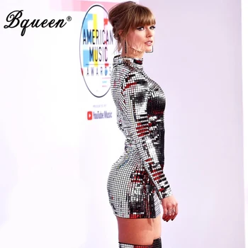 

Bquee 2019 New Women Sexy Dress Long Sleeve Stand Neck Sequined Empire Full Sleeve Party Club Dress Fashion Hot