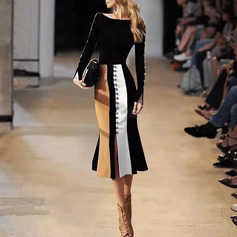 

1123-12 Q 2019 Spring Fashion Designer Lady Set Round Neck Long Sleeve Bottom Shirt Bag Hip Slim Mermaid Half Skirt Contrast Set