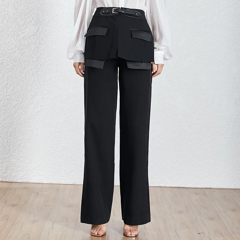 TWOTWINSTYLE, повседневные однотонные женские брюки с высокой талией, с поясом, из кусков, большой размер, широкие брюки, женская мода, лето - Цвет: Black