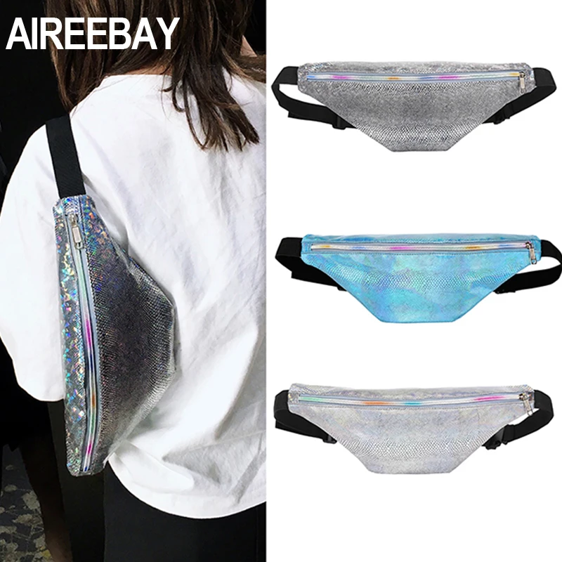 AIREEBAY الخصر أكياس المرأة البسيطة الوردي حزمة مراوح الإناث الفضة حقيبة بحزام المجسم الخصر حزم الليزر السفر محفظة تربط حول الخصر للفتيات
