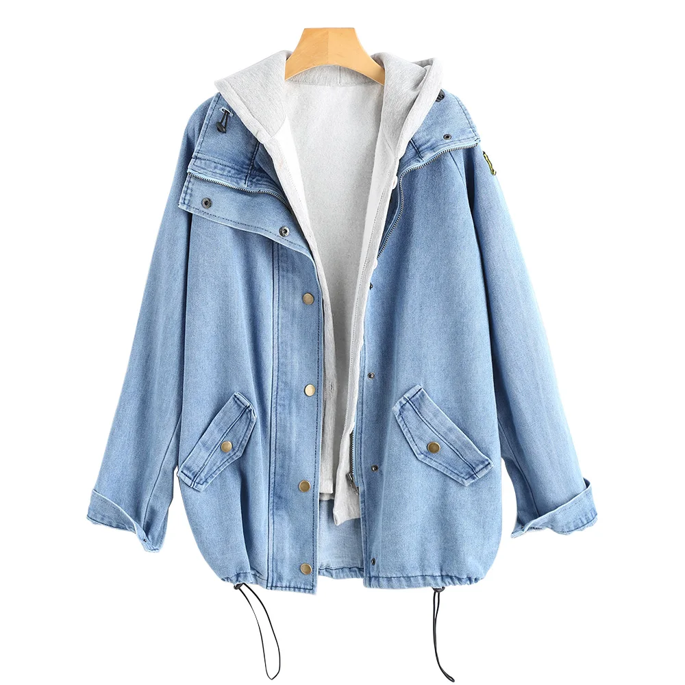 

Lortalen Button Up Denim Jacket With Hooded 2 Piece 3XL Jean Plus Size Autumn Women Coat 2018 Fashion Streetwear Veste Femme