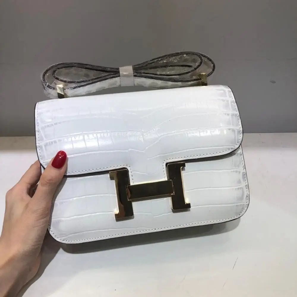 

XHTY small square bag shoulder messenger bag leather crocodile pattern two-layer leather stewardess bag Himalayan gray