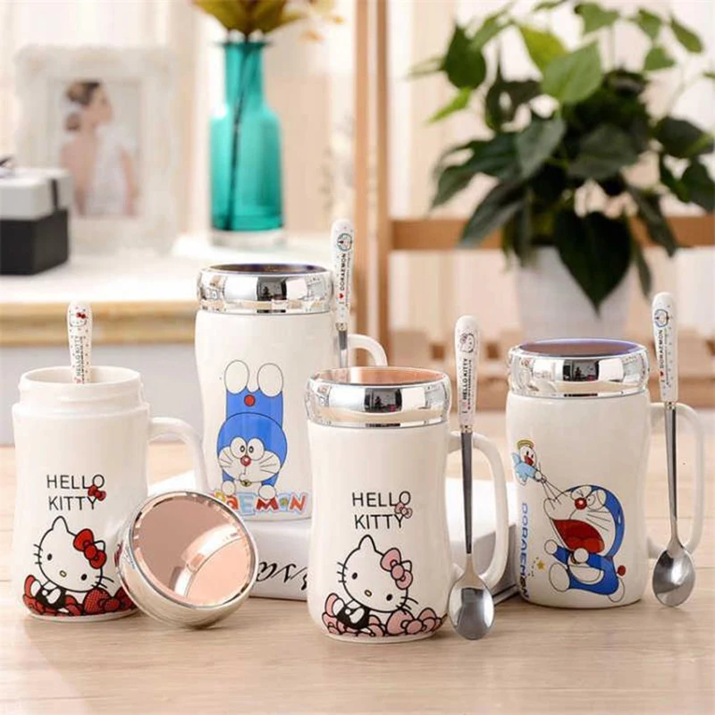 

450ml Totoro Hello Ceramic Coffee Mugs with Mirror Lid and Spoon Cute Doraemon Tea Cup Mug for Women Girls Student Teen