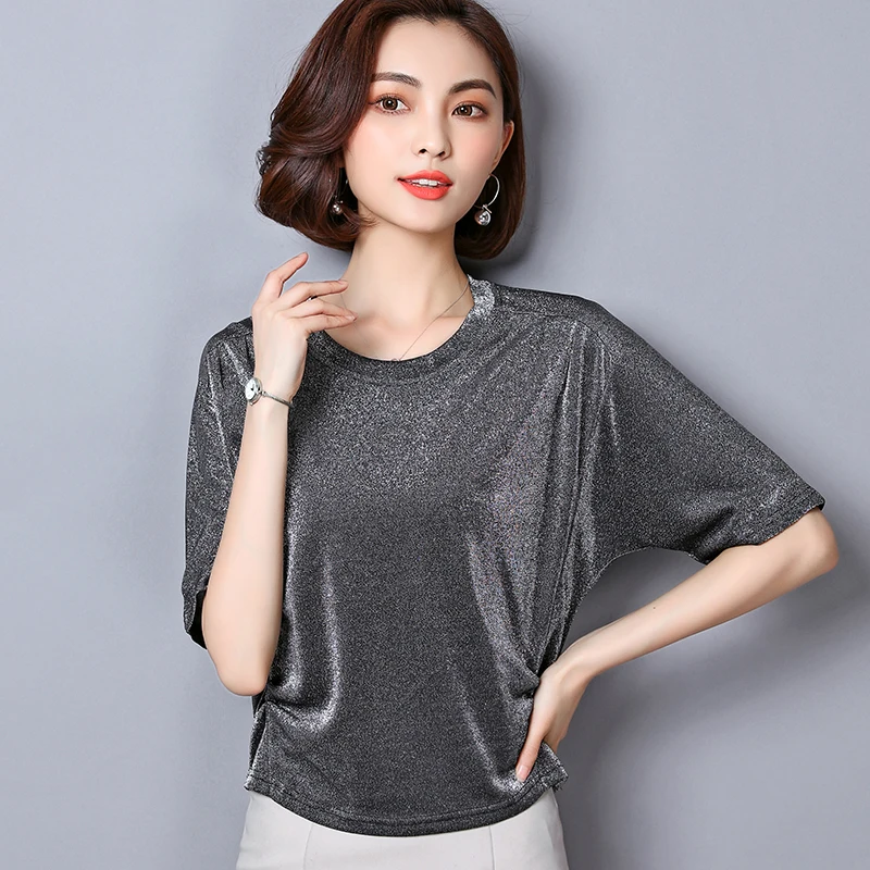 Женская сексуальная блестящая шелковая футболка с коротким рукавом Корейская летняя Kawaii Лазерная футболка с радугой рубашки черный Vogue женские Топы Одежда - Цвет: Серый