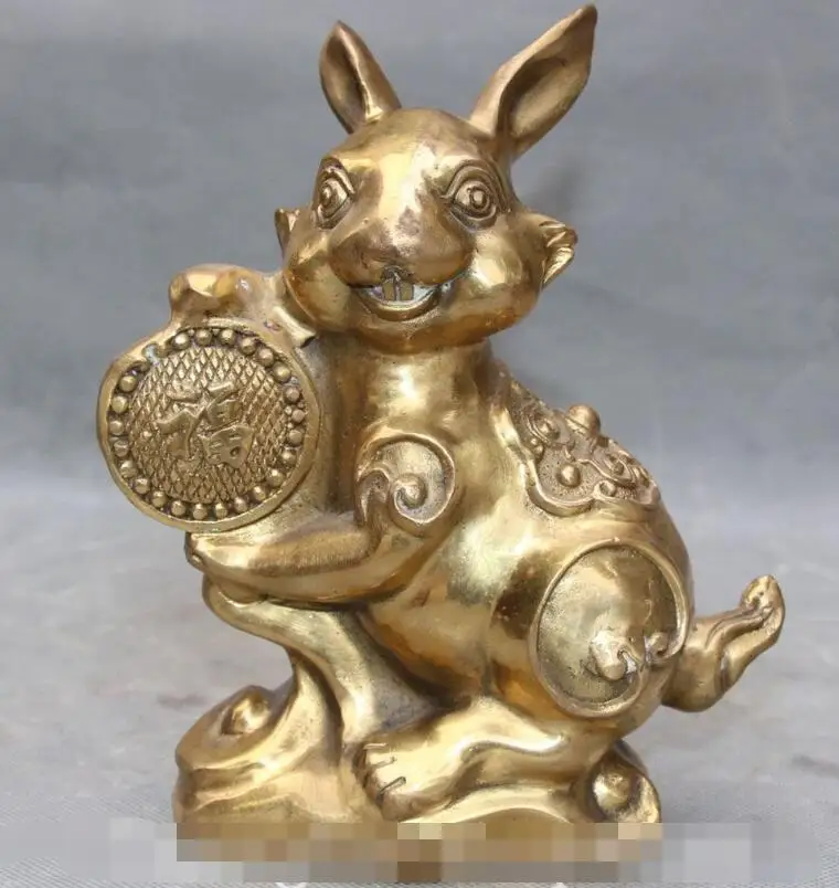 

S03701 7" Chinese Fengshui Bronze Auspicious Blessing Zodiac Year Animal Rabbit Statue B0403