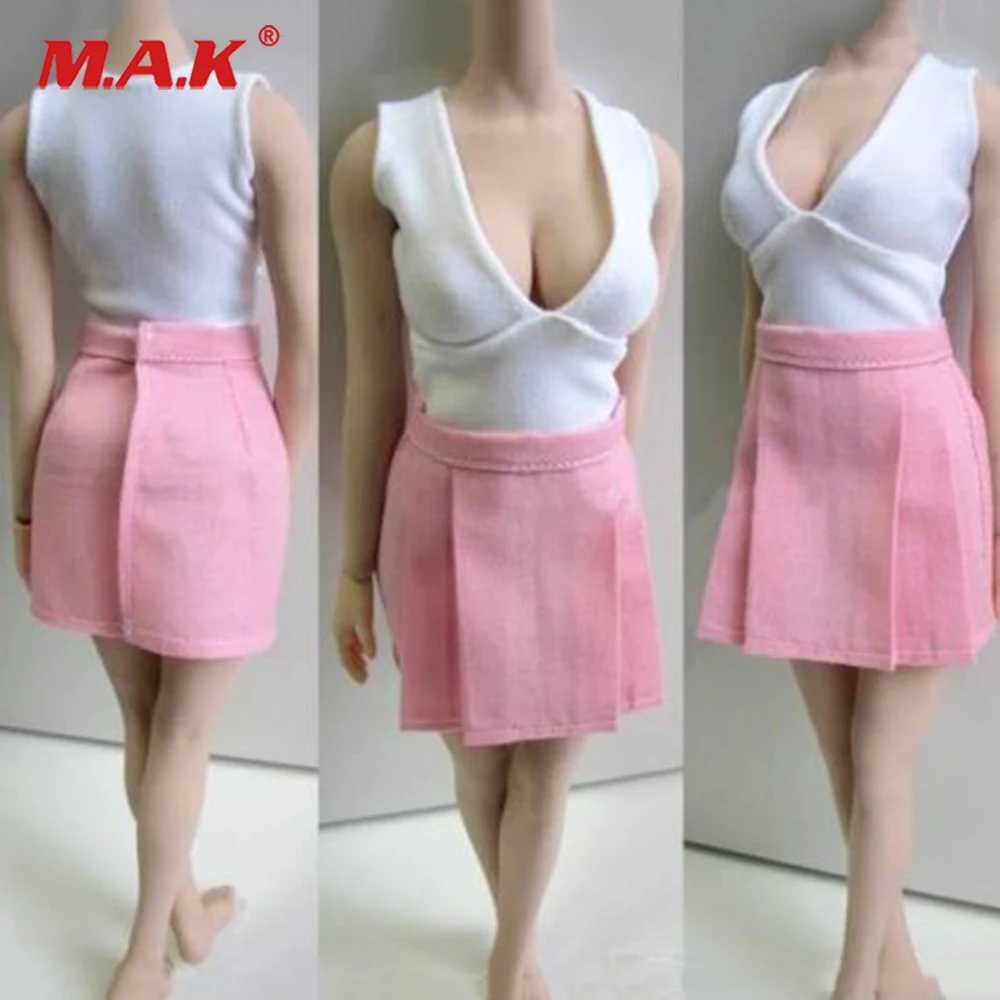 

1/6 White Sexy Sling Top Pink Short Skirt Dress Model For 12" Largest Bust Figure