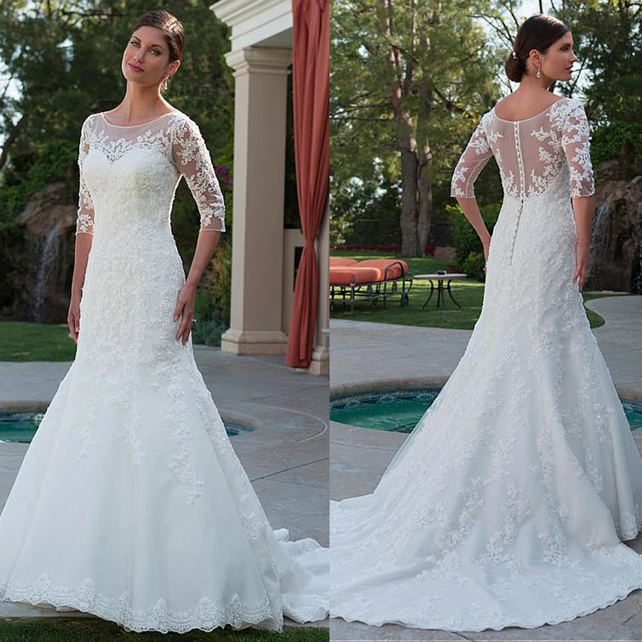 

Fashionable Tulle Bateau Neckline Mermaid Wedding Dress With Beaded Lace Appliques Half Sleeves Bridal Dress with Crystals