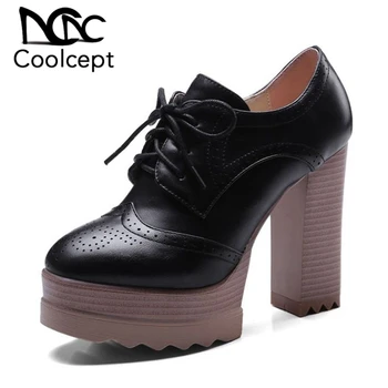 

Coolcept 2019 Size 32-42 Women High Heel Shoes Lace Up New Fashion Basic Pumps Office Lady Dress OL Thick Heels Footwear