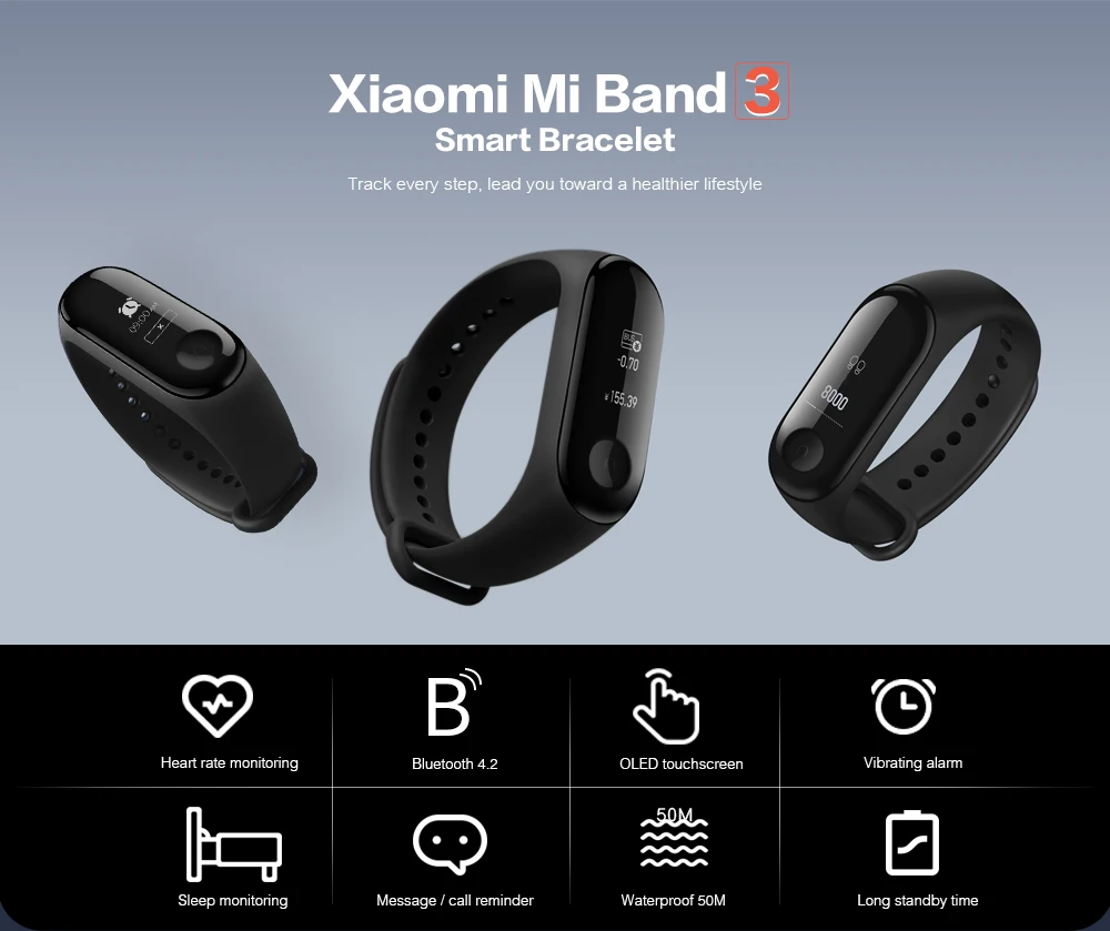 Xiaomi Mi Band 3 Smart Bracelet Heart Rate Monitor Bluetooth 4.2 Wristband