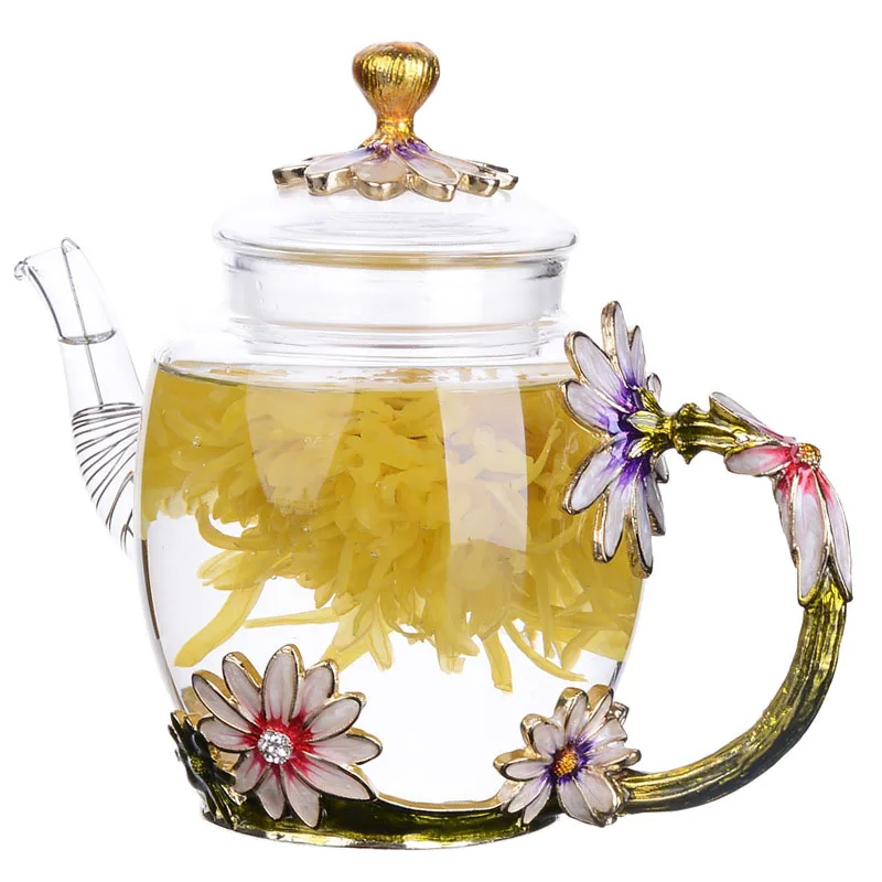 GLLead модный эмалированный стеклянный чайник, роскошный хрустальный стеклянный цветочный чайник, высококачественный термостойкий стеклянный одиночный черный чайник