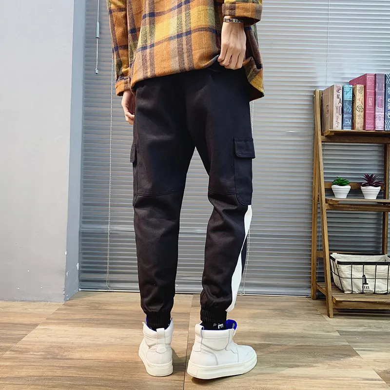 2019 Discount Only Today Polyester Pants For Men Black Stripe Solid Pocket Fashion Hip Hop Causal Korean Men Cargo Pants