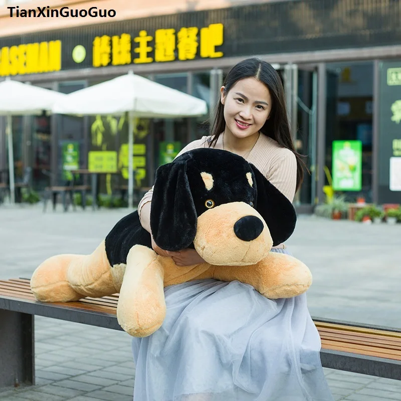 stuffed toy lovely prone dog large 90cm black&brown love dog plush toy soft doll throw pillow birthday gift s0208