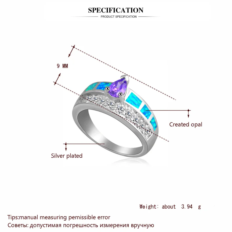 Новое поступление лучший подарок на день рождения ювелирные изделия Синий огненный опал Печатный Серебряный Кристалл Кольца#7#8 OR491A