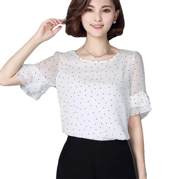 

Women's Summer Blouse Shirts White Short Sleeves Chiffon Tops and Blouses Office Lady Femme Women plus Size New Fashion