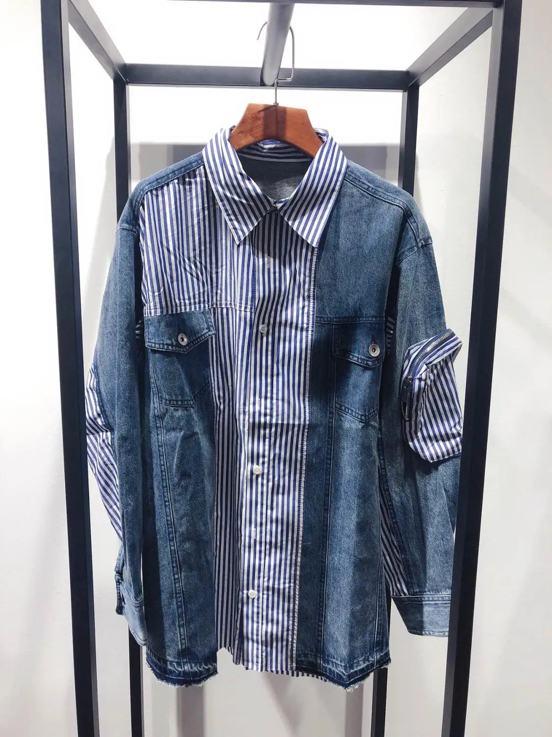 

2019 new ladies high quality fashion long-sleeved lapel striped stitching denim jacket 0711