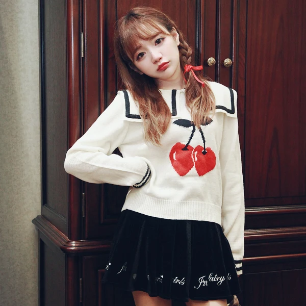 

Princess sweet lolita sweater BoBON21 exclusive original design Cherry Navy collar knitted sweater T1297