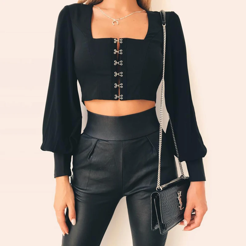 

SAILING LU Women Short Tops Sexy Navel Ladies Solid Square Collar Full Sleeve Tops Female Lace up Autumn 2019 New Tops WTL1455
