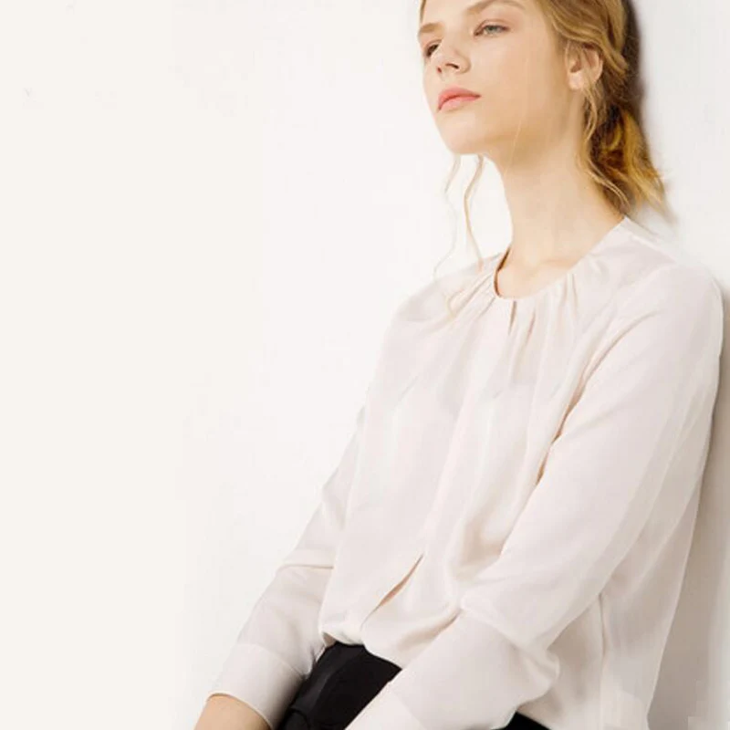 

Bogeda new real silk blouse 2019 ladies blouses high quality casual pure blue beige round collar long sleeve silk blouses women