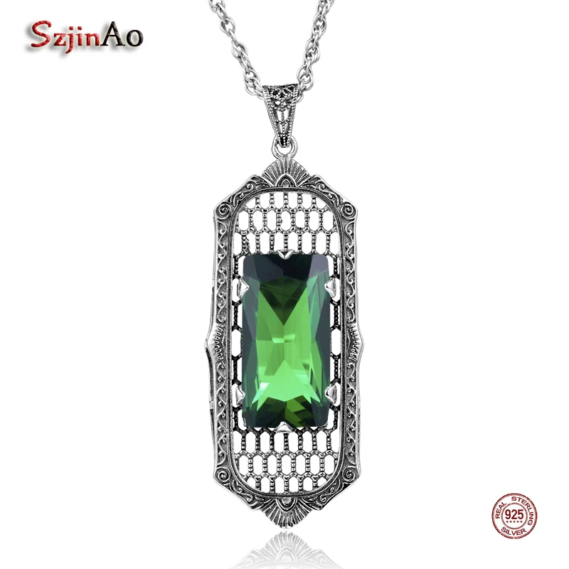 

Szjinao Korea Fashion Palace 925 Sterling Silver Rhinestone Emerald Pendant Ancient Bride Jewelry Handmade Wholesale DE010