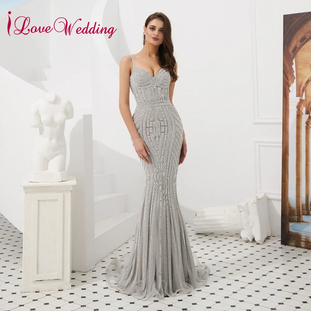 ILoveWedding Vestido de festa 2019 великолепные V образным вырезом Спагетти бретели для нижнего белья серый блестками Русалка Длинные вечерние платья