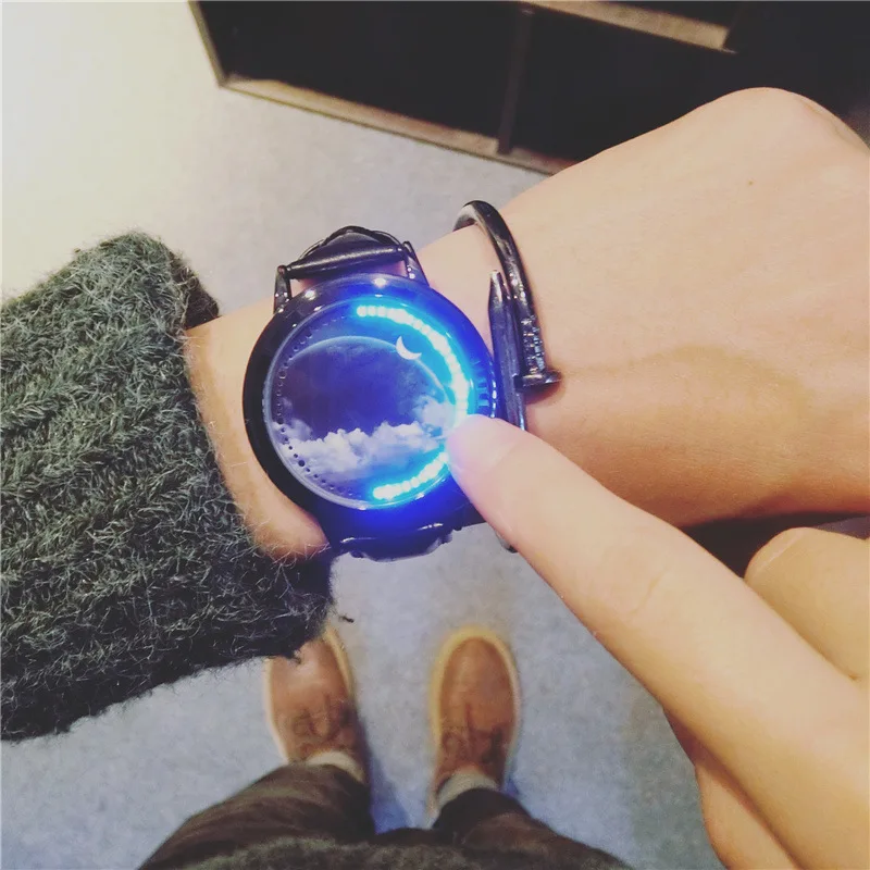 

Creative personality Sky and star leather normal LED watch women couple watch men electronics casual watches students clock hour