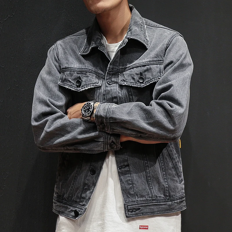 

2019 New Spring Men's Casual Hip Hop Style Loose Denim Jacket Jacket Men, Solid Color Gray Men's Cowboy Jacket Casual M-XXL