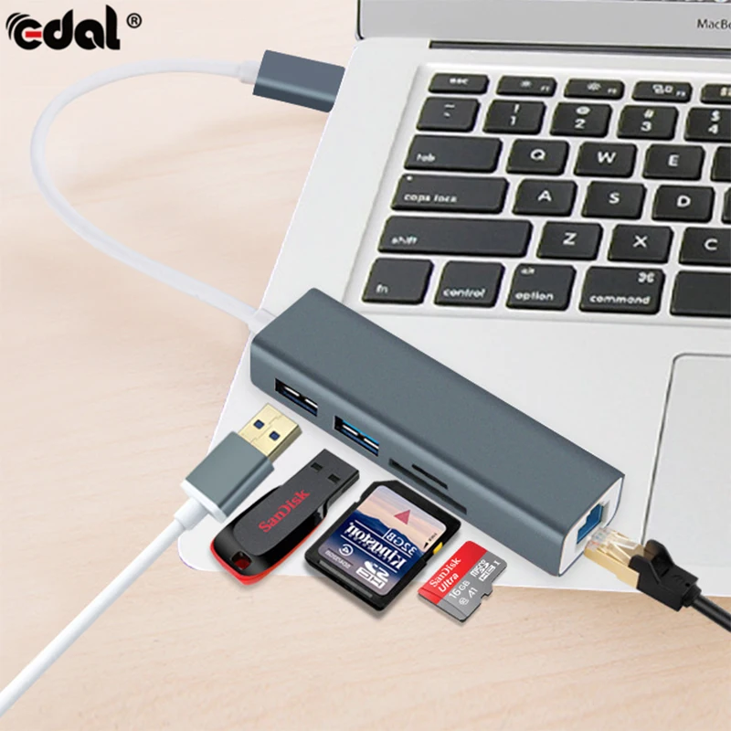 5 in 1 USB-C Hub Aluminium Alloy Type-C Adapter with RJ45 Ethernet Port USB 3.0 SD/TF Card Reader USB Converter for Macbook 5 in 1 USB-C Hub Aluminium Alloy Type-C Adapter with RJ45 Ethernet Port USB 3.0 SD/TF Card Reader USB Converter for Macbook