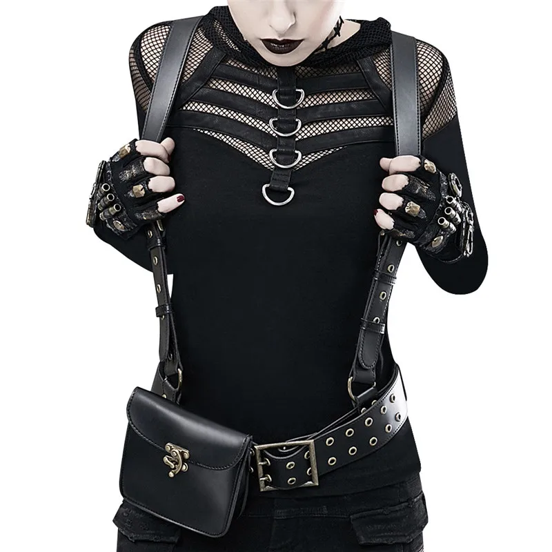 

Steampunk Waist Bags PU leather women's backpack Gothic Shoulder Bag Vintage Retro Rock Women Street Style clothing accessories